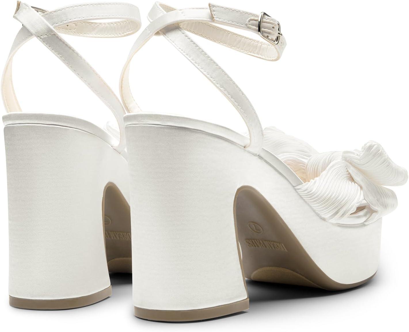 imageDREAM PAIRS Womens Chunky Platform Heels Sandals Pleated Bow Knot Ankle Buckle Strap Heeled Sandals Open Toe Comfortable Wedding Party Dress ShoesWhitesatin