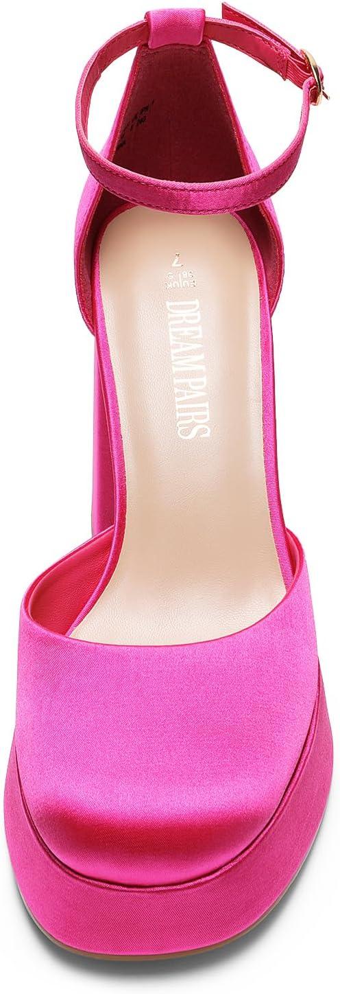imageDREAM PAIRS Womens Chunky Platform High Heels Closed Toe Block Ankle Strap Dress Wedding Party Pumps ShoesHot Pinksatin