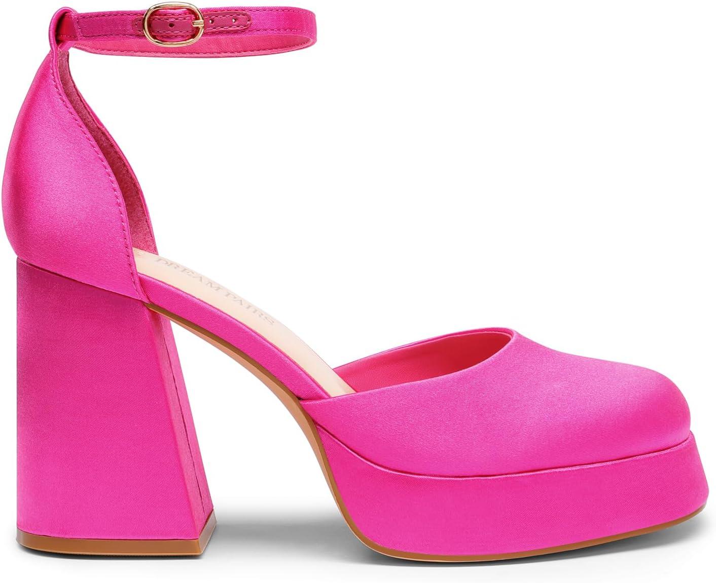 imageDREAM PAIRS Womens Chunky Platform High Heels Closed Toe Block Ankle Strap Dress Wedding Party Pumps ShoesHot Pinksatin