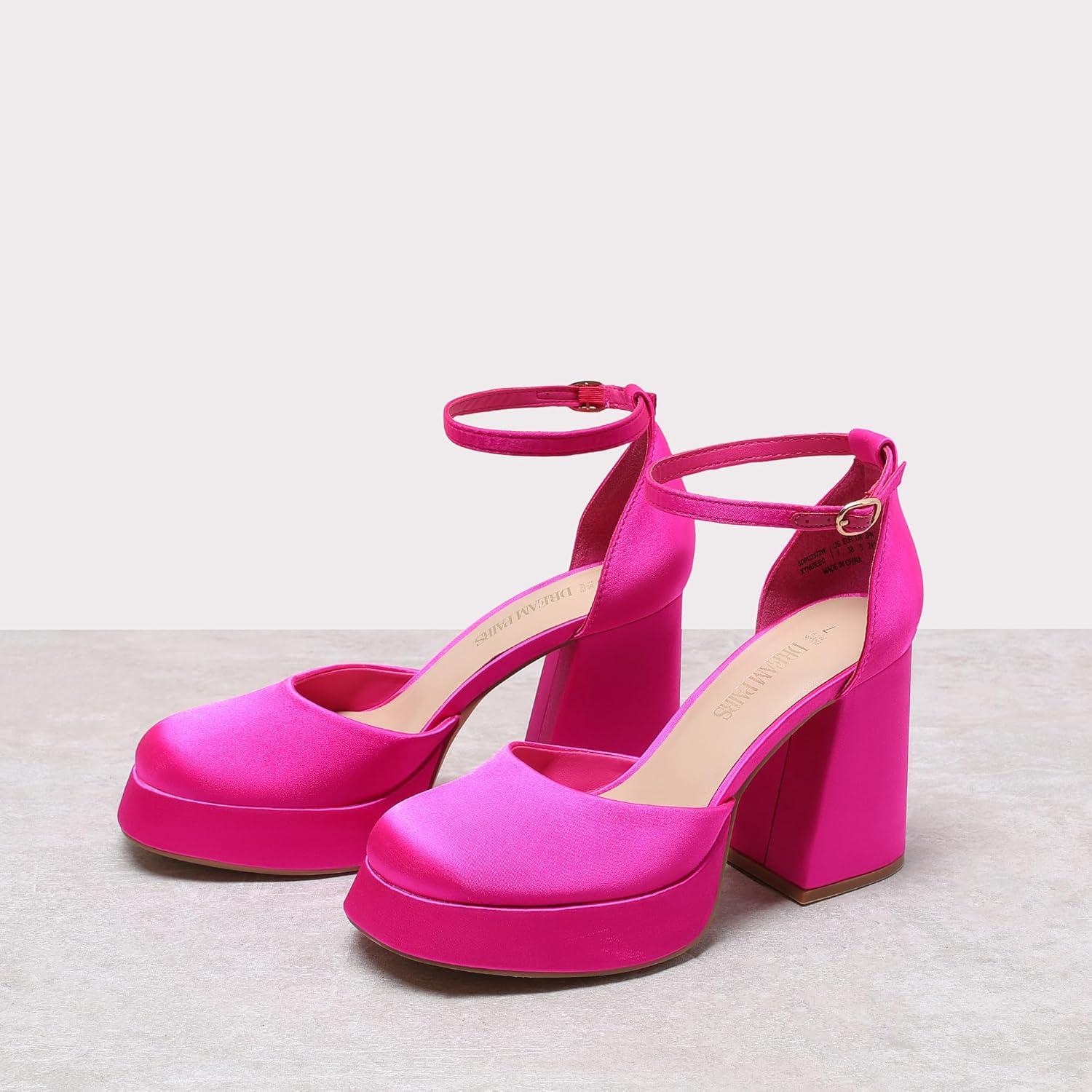 imageDREAM PAIRS Womens Chunky Platform High Heels Closed Toe Block Ankle Strap Dress Wedding Party Pumps ShoesHot Pinksatin