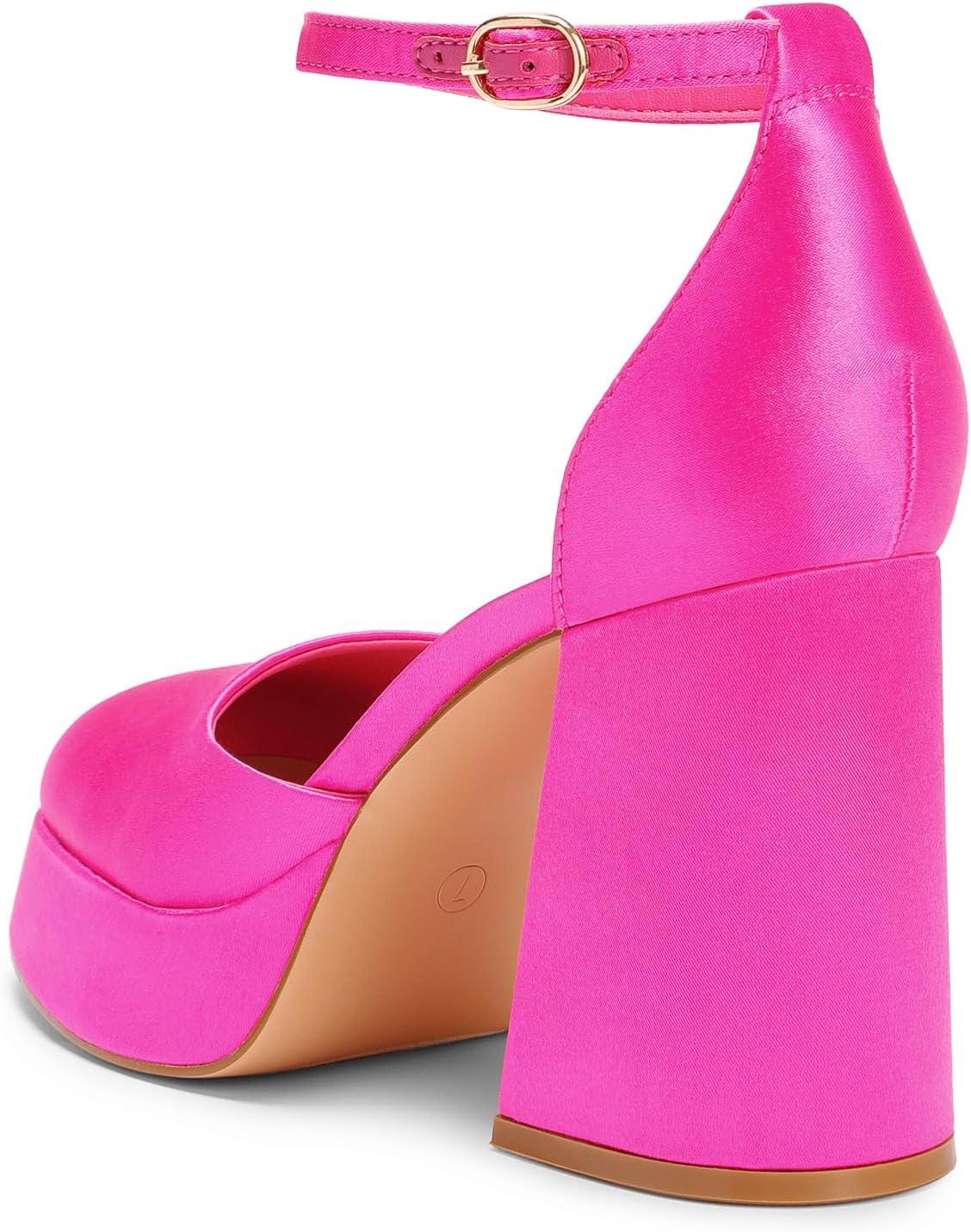 imageDREAM PAIRS Womens Chunky Platform High Heels Closed Toe Block Ankle Strap Dress Wedding Party Pumps ShoesHot Pinksatin