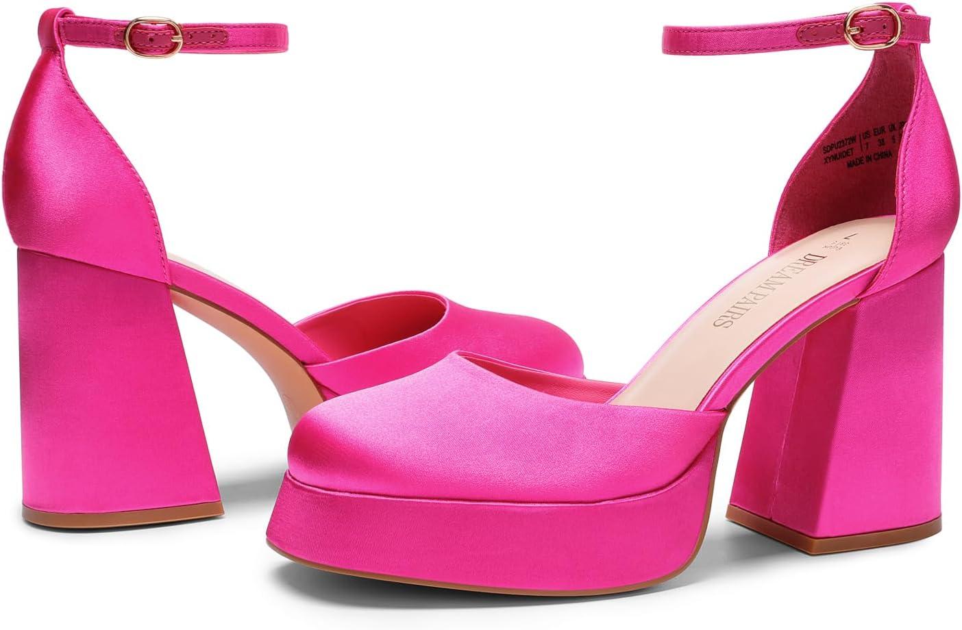 imageDREAM PAIRS Womens Chunky Platform High Heels Closed Toe Block Ankle Strap Dress Wedding Party Pumps ShoesHot Pinksatin