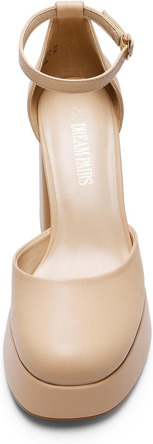 imageDREAM PAIRS Womens Chunky Platform High Heels Closed Toe Block Ankle Strap Dress Wedding Party Pumps ShoesNudepu