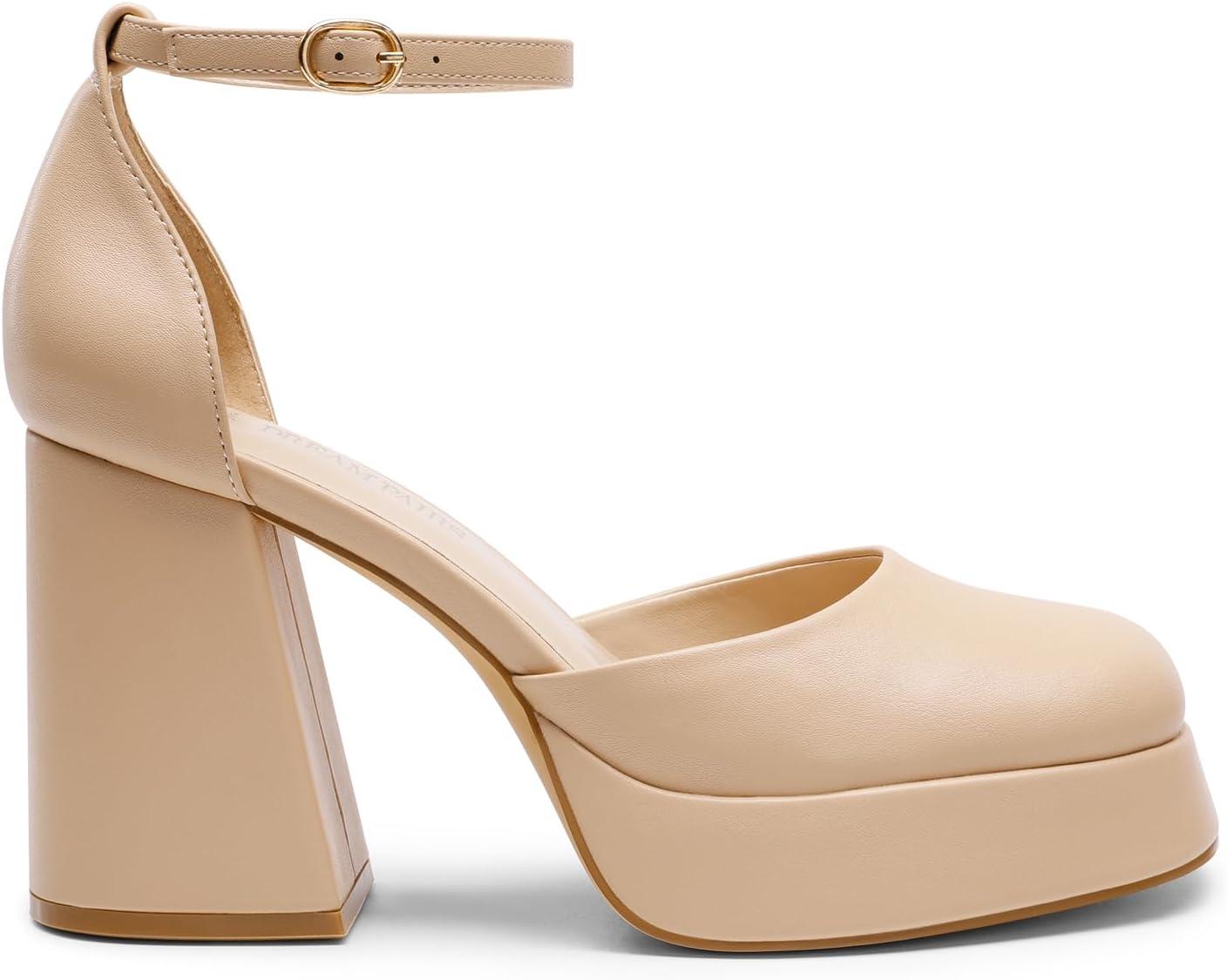 imageDREAM PAIRS Womens Chunky Platform High Heels Closed Toe Block Ankle Strap Dress Wedding Party Pumps ShoesNudepu