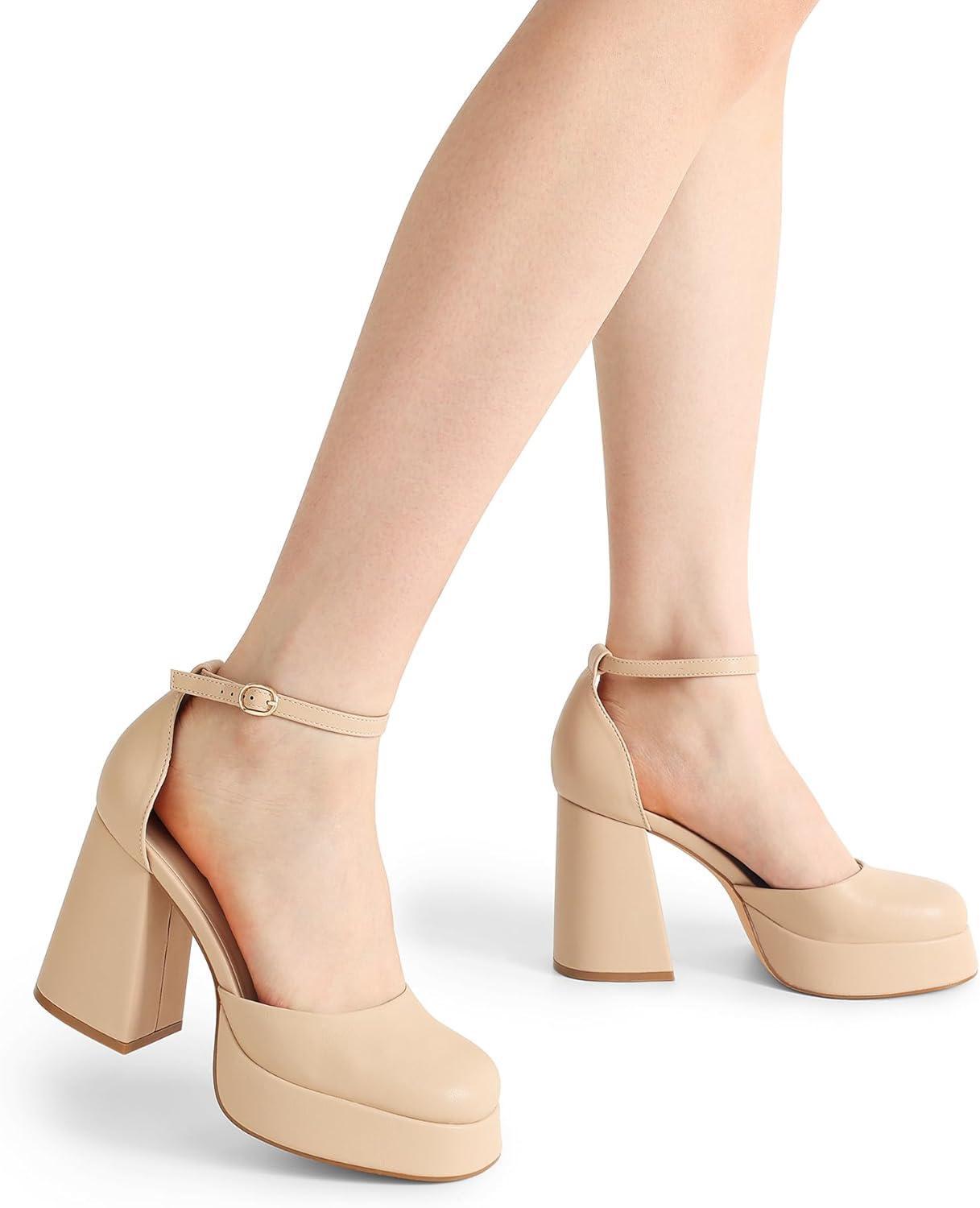 imageDREAM PAIRS Womens Chunky Platform High Heels Closed Toe Block Ankle Strap Dress Wedding Party Pumps ShoesNudepu