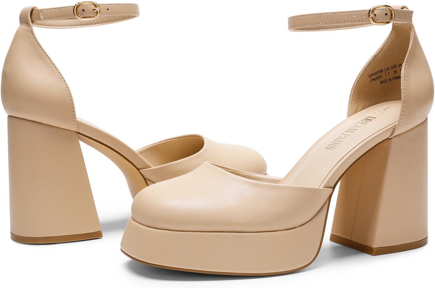 imageDREAM PAIRS Womens Chunky Platform High Heels Closed Toe Block Ankle Strap Dress Wedding Party Pumps ShoesNudepu