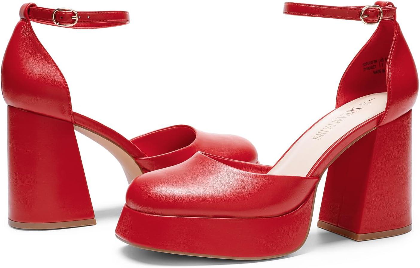 imageDREAM PAIRS Womens Chunky Platform High Heels Closed Toe Block Ankle Strap Dress Wedding Party Pumps ShoesRedpu