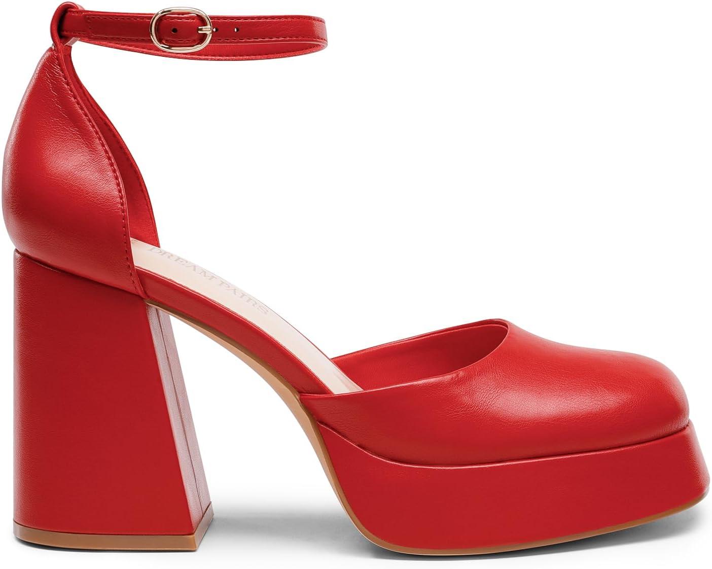 imageDREAM PAIRS Womens Chunky Platform High Heels Closed Toe Block Ankle Strap Dress Wedding Party Pumps ShoesRedpu