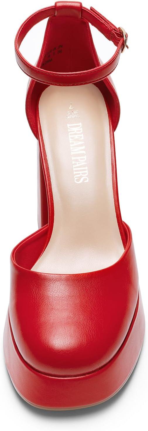 imageDREAM PAIRS Womens Chunky Platform High Heels Closed Toe Block Ankle Strap Dress Wedding Party Pumps ShoesRedpu