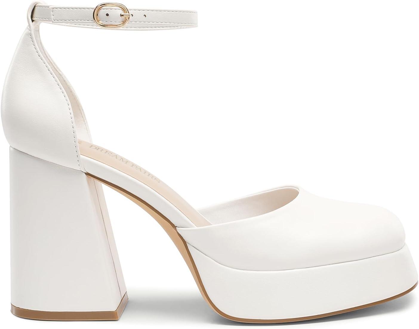 imageDREAM PAIRS Womens Chunky Platform High Heels Closed Toe Block Ankle Strap Dress Wedding Party Pumps ShoesWhitepu