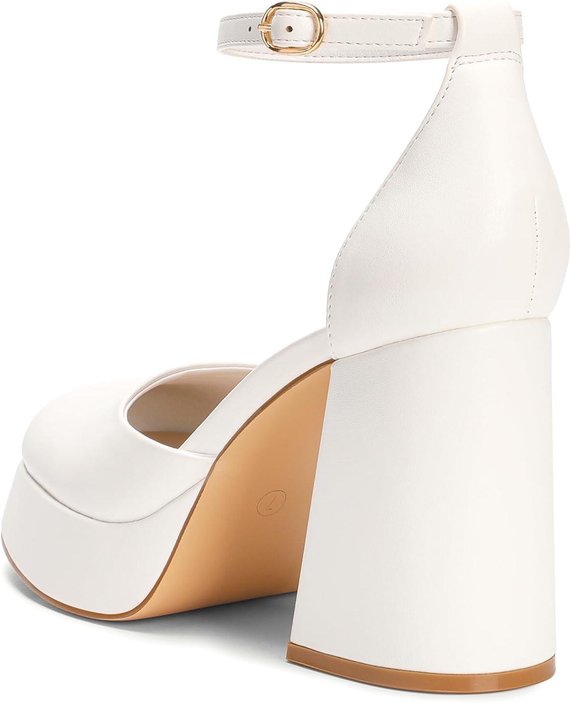 imageDREAM PAIRS Womens Chunky Platform High Heels Closed Toe Block Ankle Strap Dress Wedding Party Pumps ShoesWhitepu