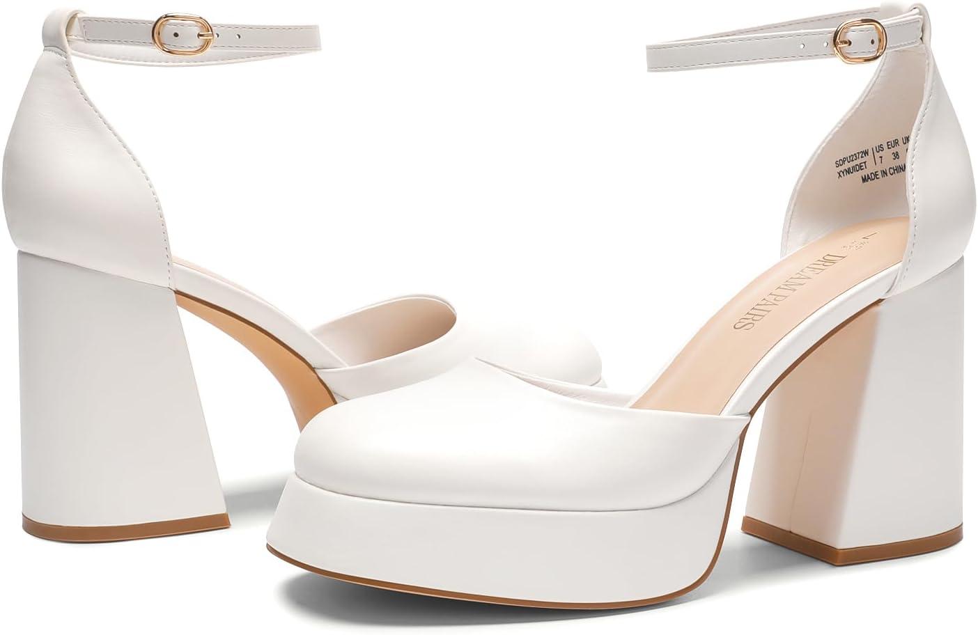 imageDREAM PAIRS Womens Chunky Platform High Heels Closed Toe Block Ankle Strap Dress Wedding Party Pumps ShoesWhitepu