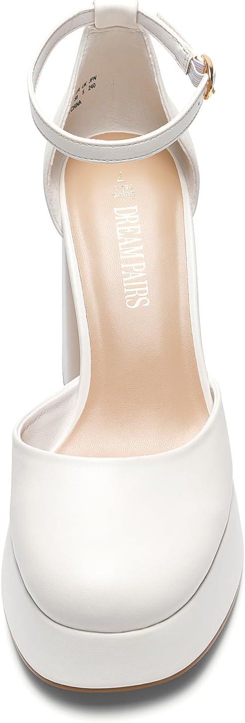 imageDREAM PAIRS Womens Chunky Platform High Heels Closed Toe Block Ankle Strap Dress Wedding Party Pumps ShoesWhitepu