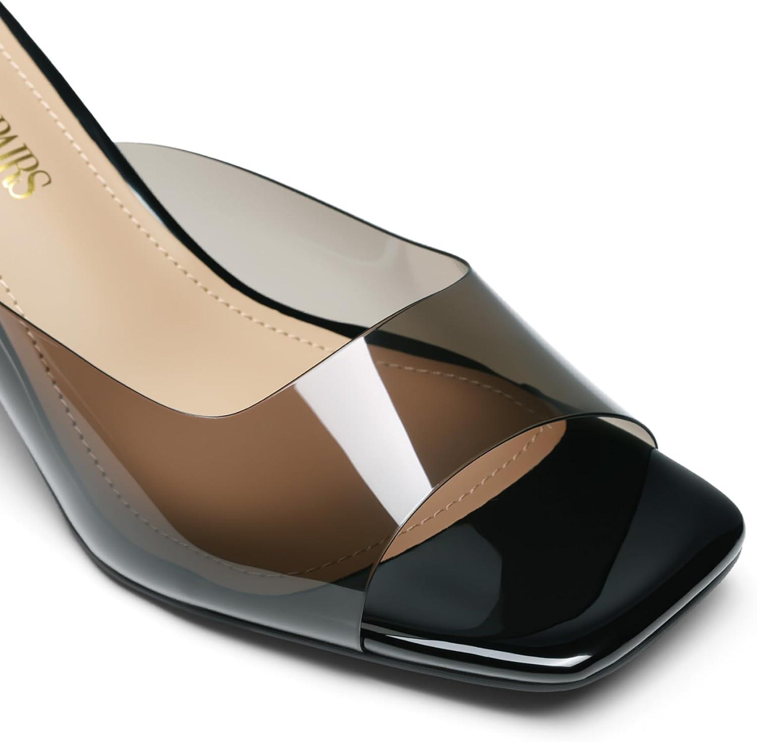 imageDREAM PAIRS Womens Clear Heeled Sandals Square Toe Transparent Stiletto Mules Slip on Wedding Dress ShoesAll Blackclear