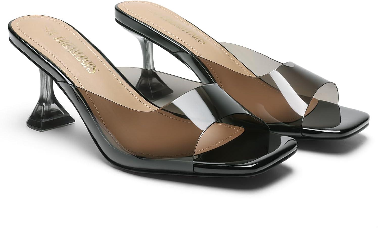 imageDREAM PAIRS Womens Clear Heeled Sandals Square Toe Transparent Stiletto Mules Slip on Wedding Dress ShoesAll Blackclear