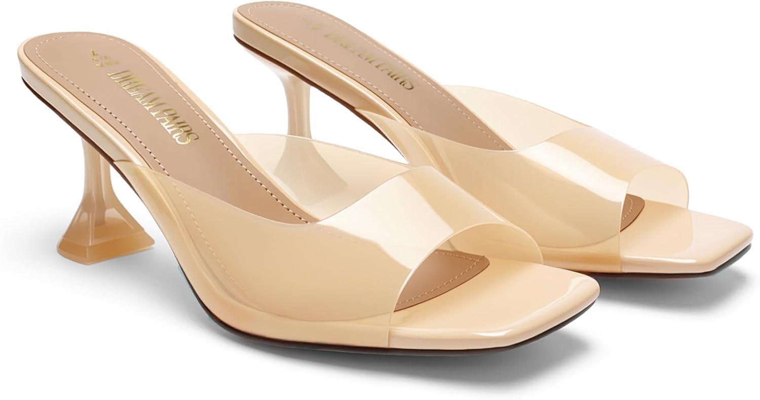 imageDREAM PAIRS Womens Clear Heeled Sandals Square Toe Transparent Stiletto Mules Slip on Wedding Dress ShoesAll Nudeclear