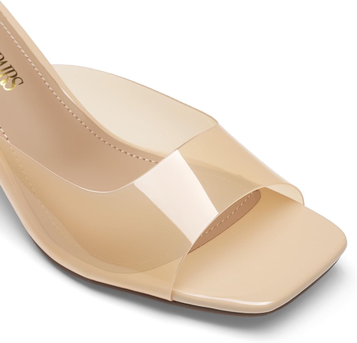 imageDREAM PAIRS Womens Clear Heeled Sandals Square Toe Transparent Stiletto Mules Slip on Wedding Dress ShoesAll Nudeclear