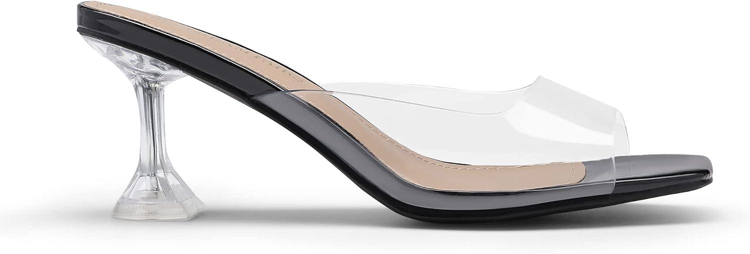 imageDREAM PAIRS Womens Clear Heeled Sandals Square Toe Transparent Stiletto Mules Slip on Wedding Dress ShoesBlackClear