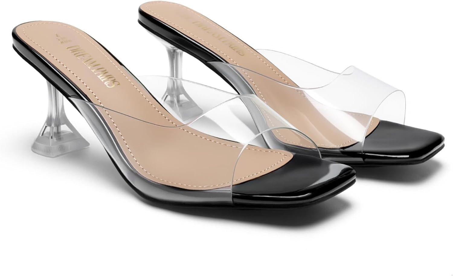 imageDREAM PAIRS Womens Clear Heeled Sandals Square Toe Transparent Stiletto Mules Slip on Wedding Dress ShoesBlackClear