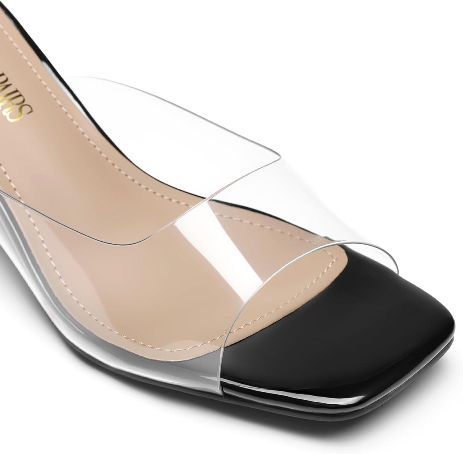 imageDREAM PAIRS Womens Clear Heeled Sandals Square Toe Transparent Stiletto Mules Slip on Wedding Dress ShoesBlackClear