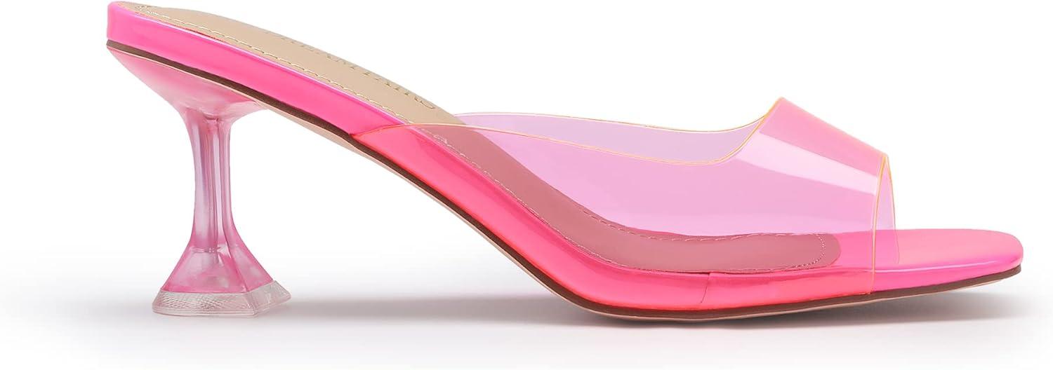imageDREAM PAIRS Womens Clear Heeled Sandals Square Toe Transparent Stiletto Mules Slip on Wedding Dress ShoesNeon PinkClear
