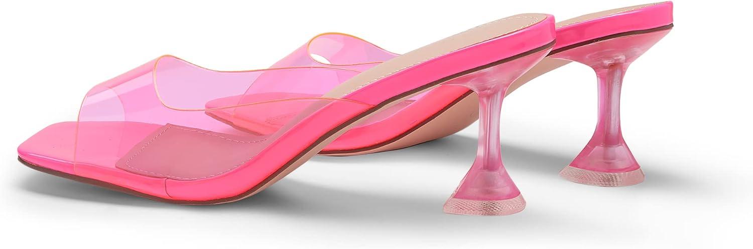 imageDREAM PAIRS Womens Clear Heeled Sandals Square Toe Transparent Stiletto Mules Slip on Wedding Dress ShoesNeon PinkClear