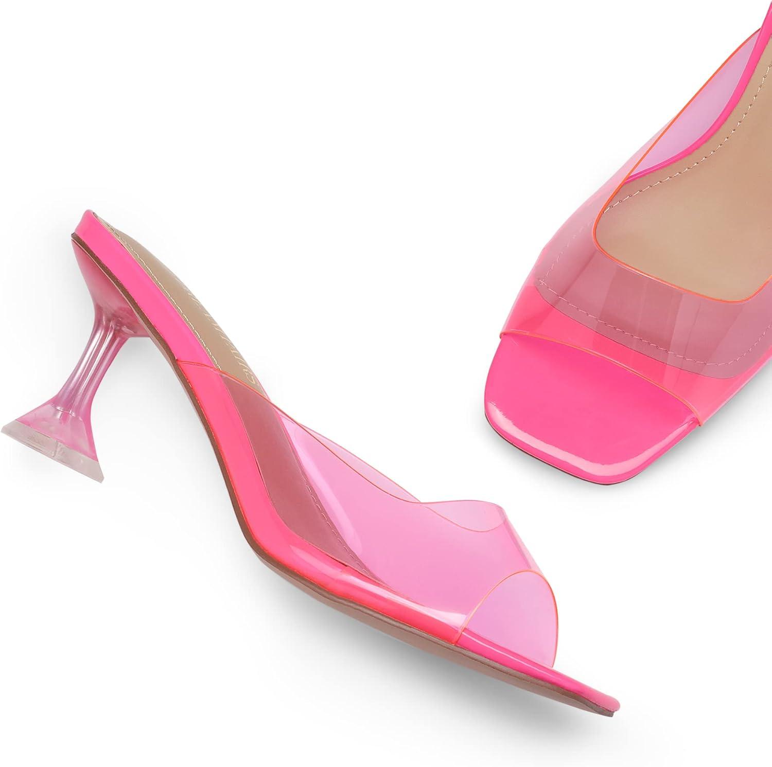 imageDREAM PAIRS Womens Clear Heeled Sandals Square Toe Transparent Stiletto Mules Slip on Wedding Dress ShoesNeon PinkClear