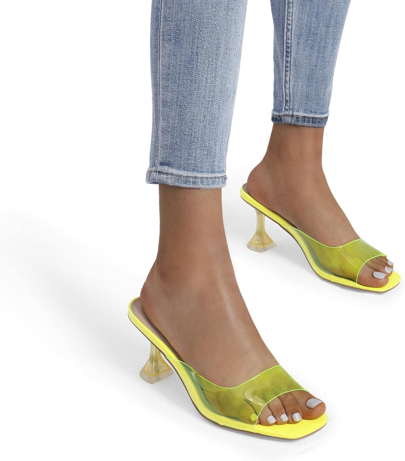 imageDREAM PAIRS Womens Clear Heeled Sandals Square Toe Transparent Stiletto Mules Slip on Wedding Dress ShoesNeon YellowClear