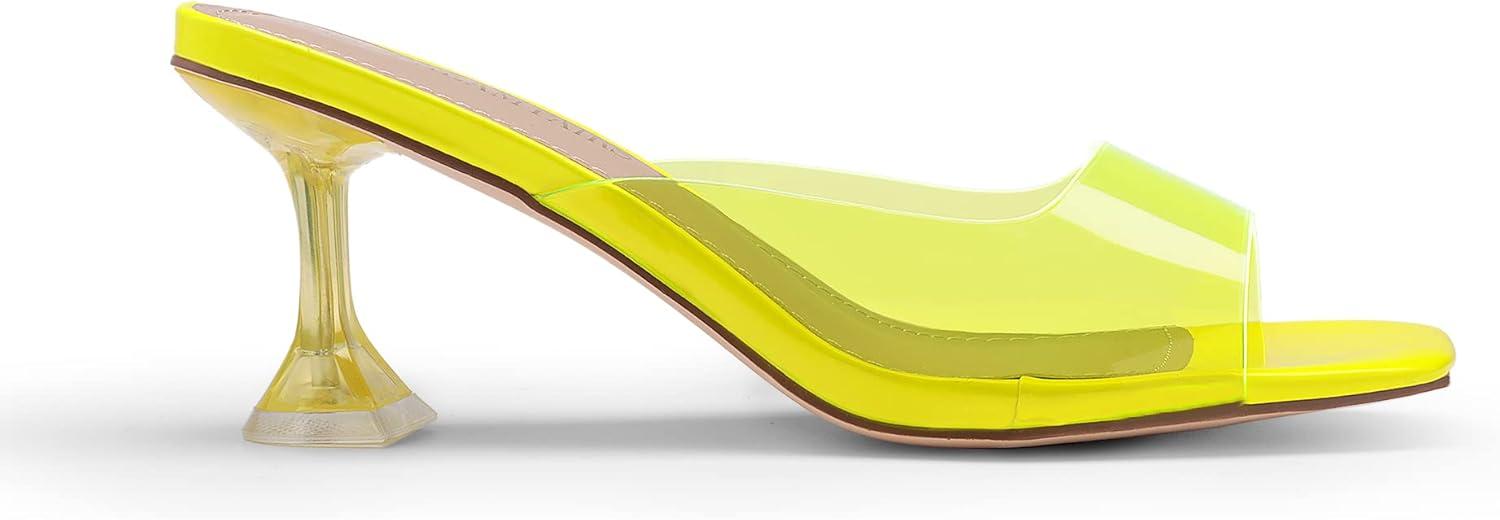 imageDREAM PAIRS Womens Clear Heeled Sandals Square Toe Transparent Stiletto Mules Slip on Wedding Dress ShoesNeon YellowClear