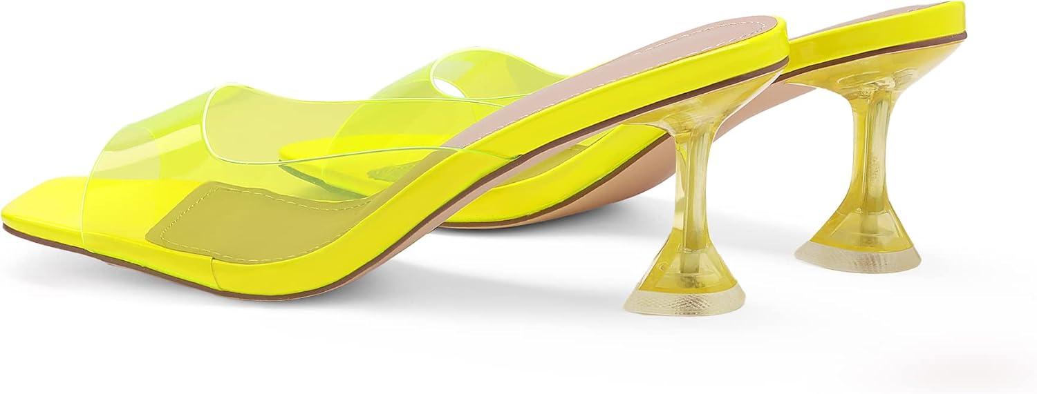 imageDREAM PAIRS Womens Clear Heeled Sandals Square Toe Transparent Stiletto Mules Slip on Wedding Dress ShoesNeon YellowClear