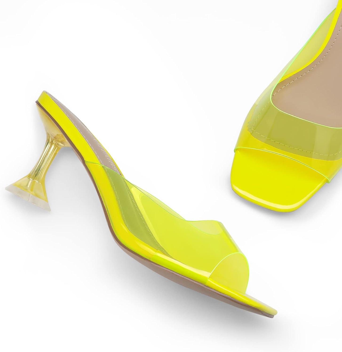 imageDREAM PAIRS Womens Clear Heeled Sandals Square Toe Transparent Stiletto Mules Slip on Wedding Dress ShoesNeon YellowClear