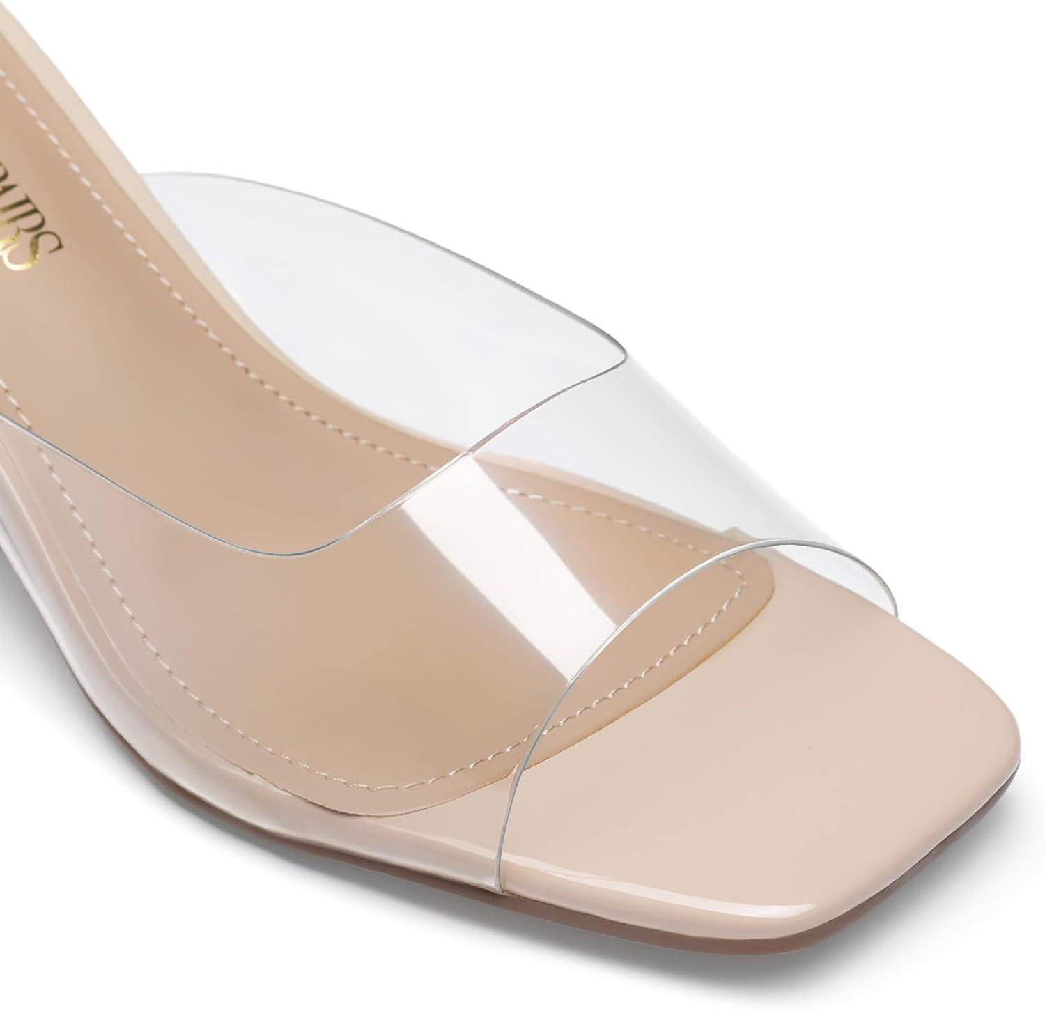 imageDREAM PAIRS Womens Clear Heeled Sandals Square Toe Transparent Stiletto Mules Slip on Wedding Dress ShoesNudeClear