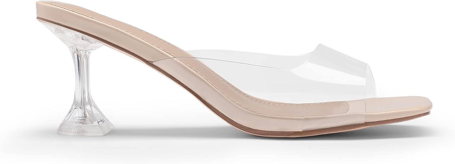 imageDREAM PAIRS Womens Clear Heeled Sandals Square Toe Transparent Stiletto Mules Slip on Wedding Dress ShoesNudeClear