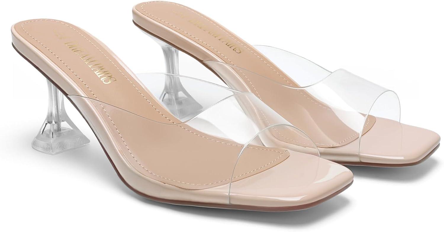 imageDREAM PAIRS Womens Clear Heeled Sandals Square Toe Transparent Stiletto Mules Slip on Wedding Dress ShoesNudeClear