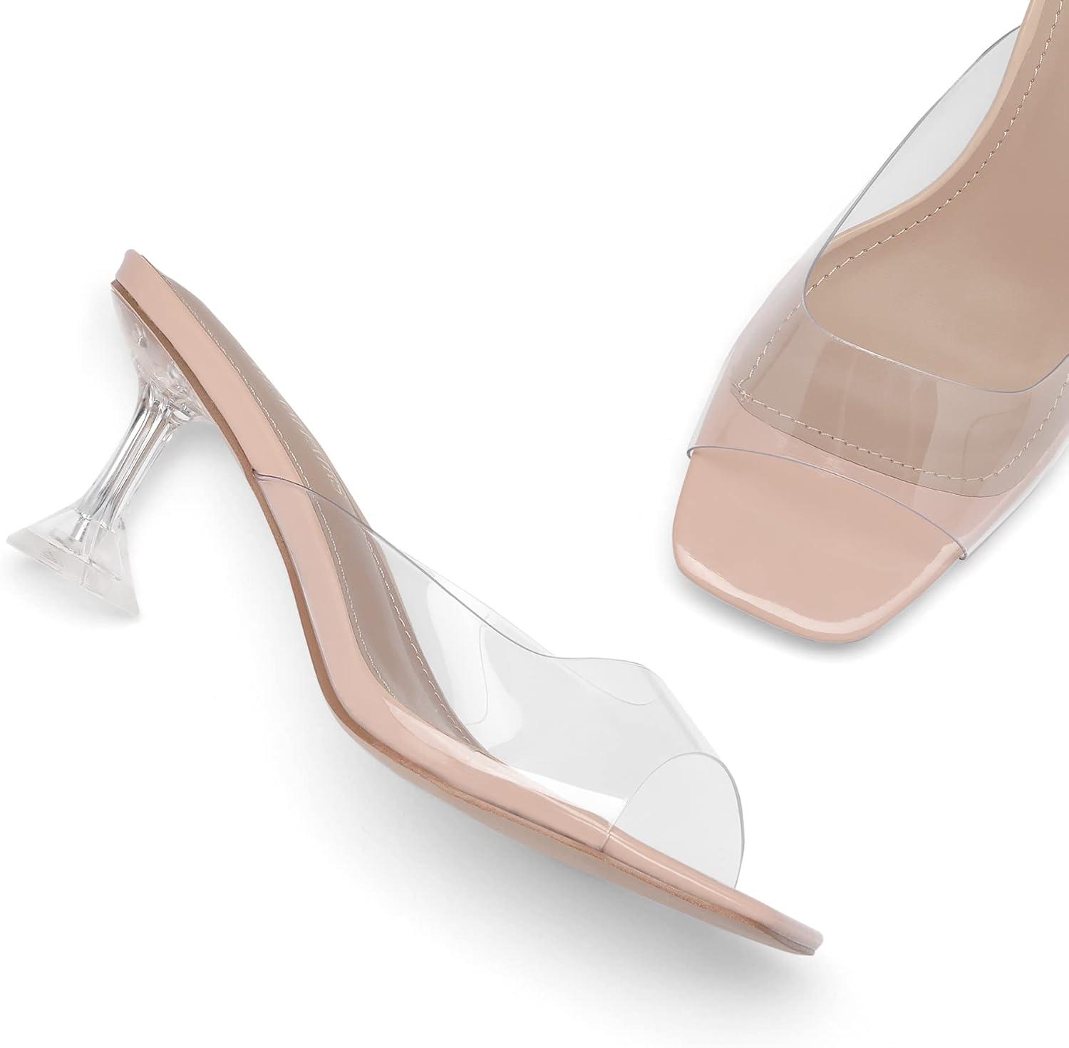 imageDREAM PAIRS Womens Clear Heeled Sandals Square Toe Transparent Stiletto Mules Slip on Wedding Dress ShoesPinkClear