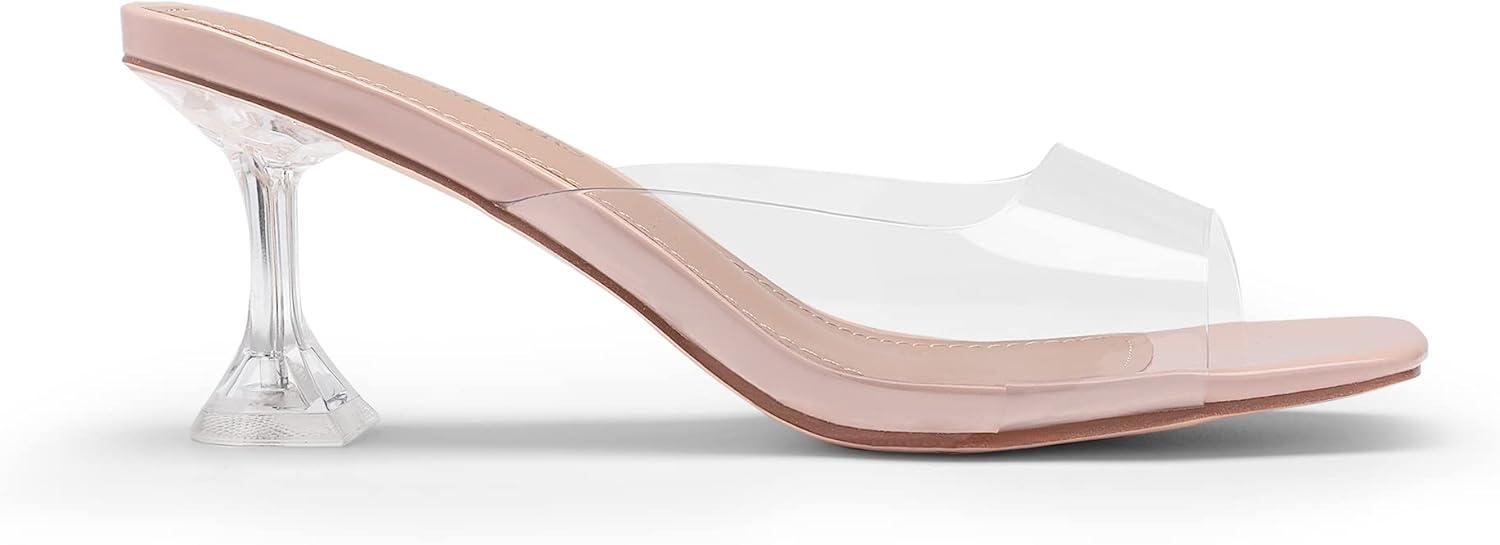 imageDREAM PAIRS Womens Clear Heeled Sandals Square Toe Transparent Stiletto Mules Slip on Wedding Dress ShoesPinkClear