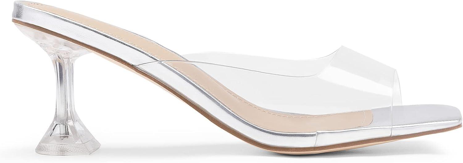 imageDREAM PAIRS Womens Clear Heeled Sandals Square Toe Transparent Stiletto Mules Slip on Wedding Dress ShoesSilverClear