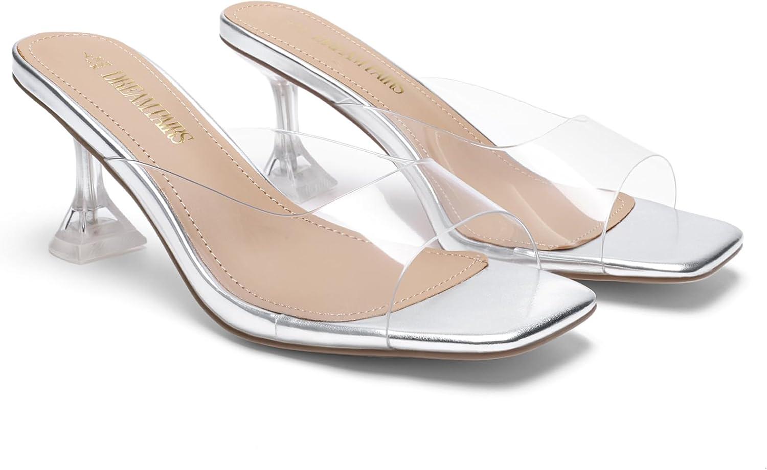 imageDREAM PAIRS Womens Clear Heeled Sandals Square Toe Transparent Stiletto Mules Slip on Wedding Dress ShoesSilverClear