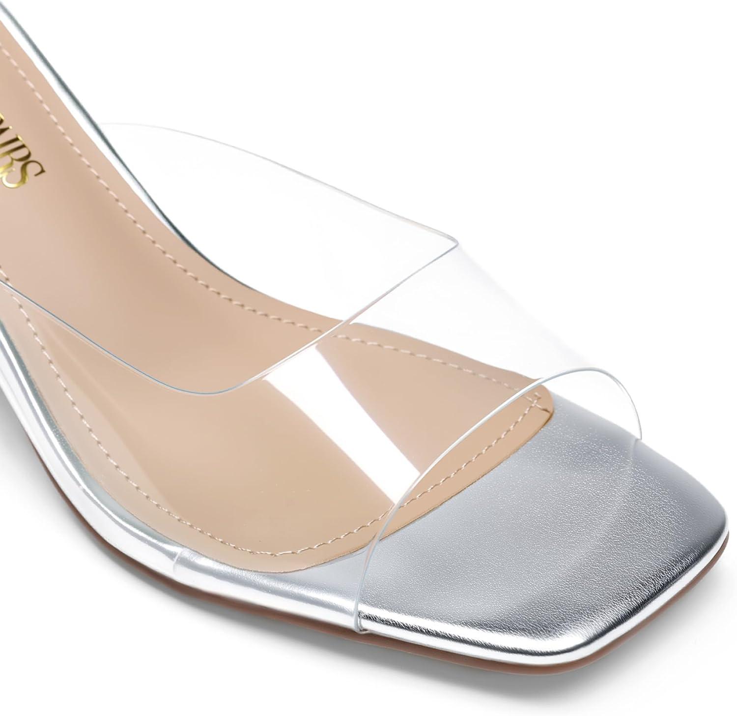 imageDREAM PAIRS Womens Clear Heeled Sandals Square Toe Transparent Stiletto Mules Slip on Wedding Dress ShoesSilverClear