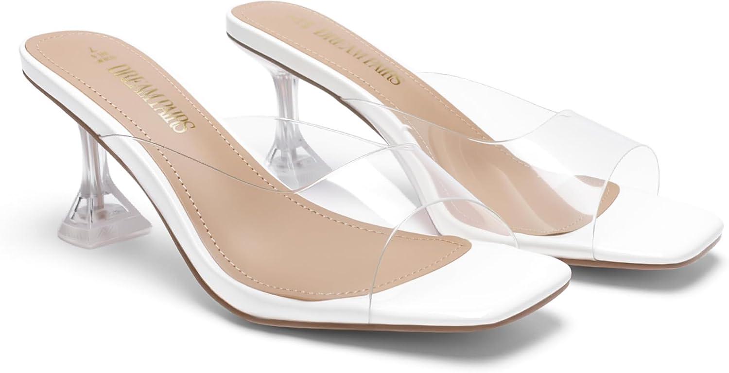imageDREAM PAIRS Womens Clear Heeled Sandals Square Toe Transparent Stiletto Mules Slip on Wedding Dress ShoesWhiteClear