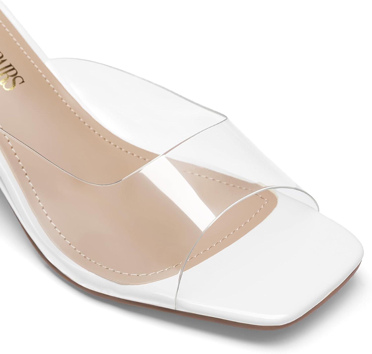 imageDREAM PAIRS Womens Clear Heeled Sandals Square Toe Transparent Stiletto Mules Slip on Wedding Dress ShoesWhiteClear