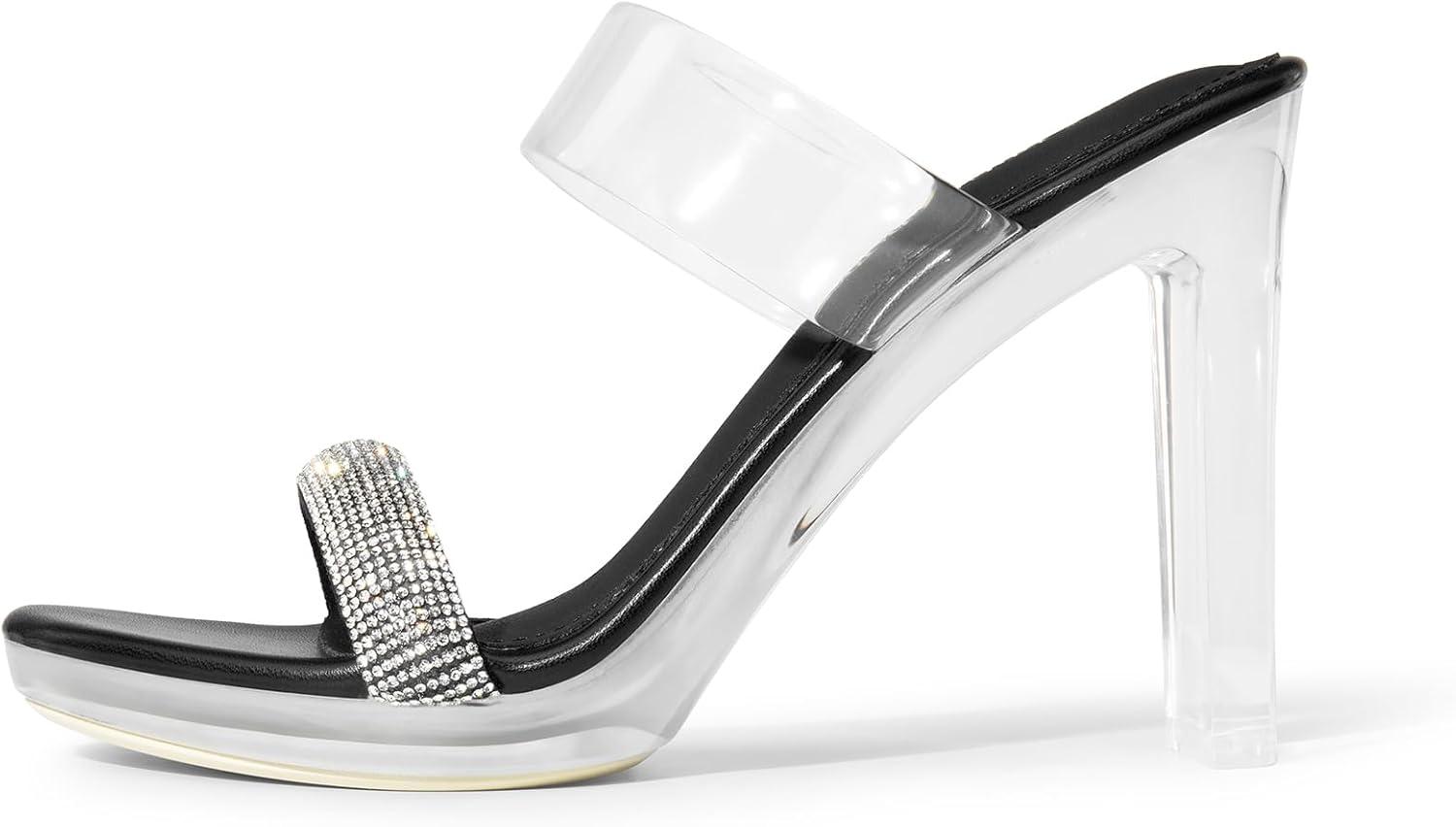 imageDREAM PAIRS Womens Clear Two Strap Open Toe High Block Chunky Slip on Dress Heel SandalsBlackrhinestone