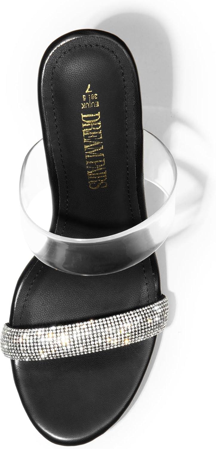 imageDREAM PAIRS Womens Clear Two Strap Open Toe High Block Chunky Slip on Dress Heel SandalsBlackrhinestone