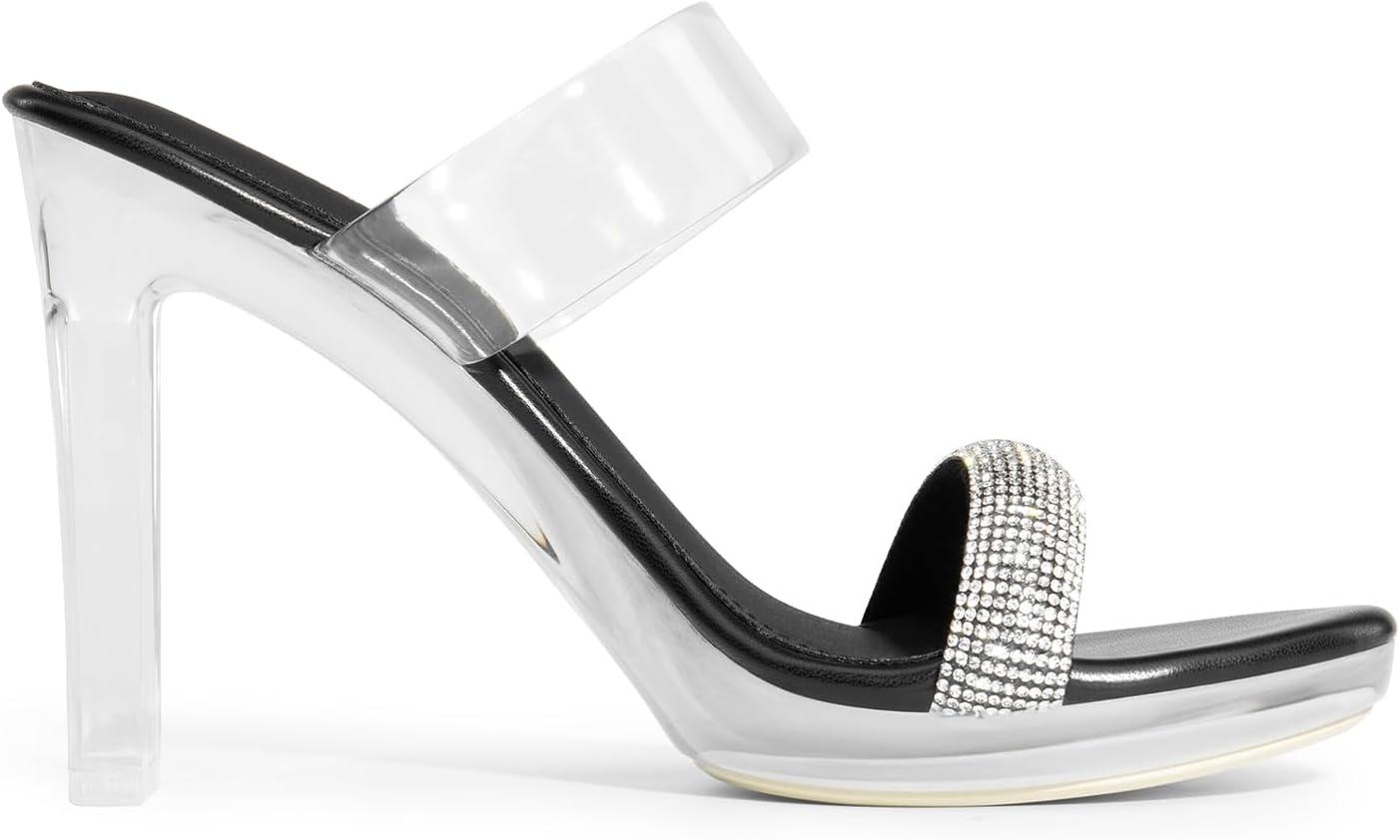 imageDREAM PAIRS Womens Clear Two Strap Open Toe High Block Chunky Slip on Dress Heel SandalsBlackrhinestone