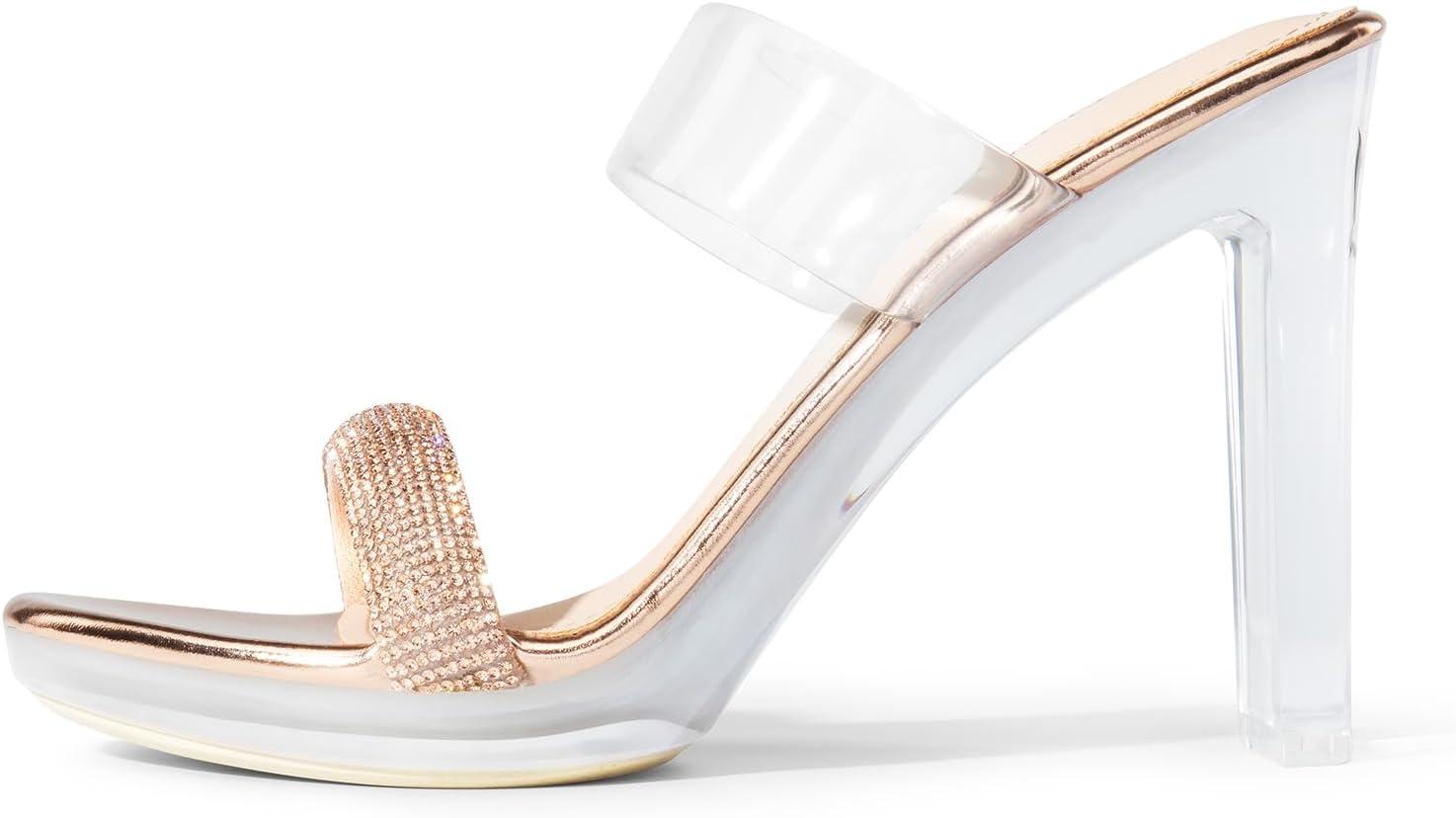 imageDREAM PAIRS Womens Clear Two Strap Open Toe High Block Chunky Slip on Dress Heel SandalsChampagnerhinestone