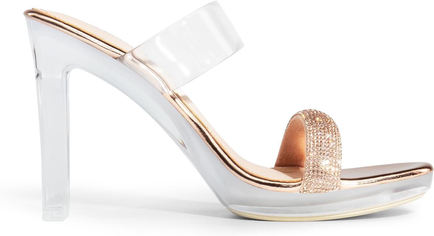 imageDREAM PAIRS Womens Clear Two Strap Open Toe High Block Chunky Slip on Dress Heel SandalsChampagnerhinestone