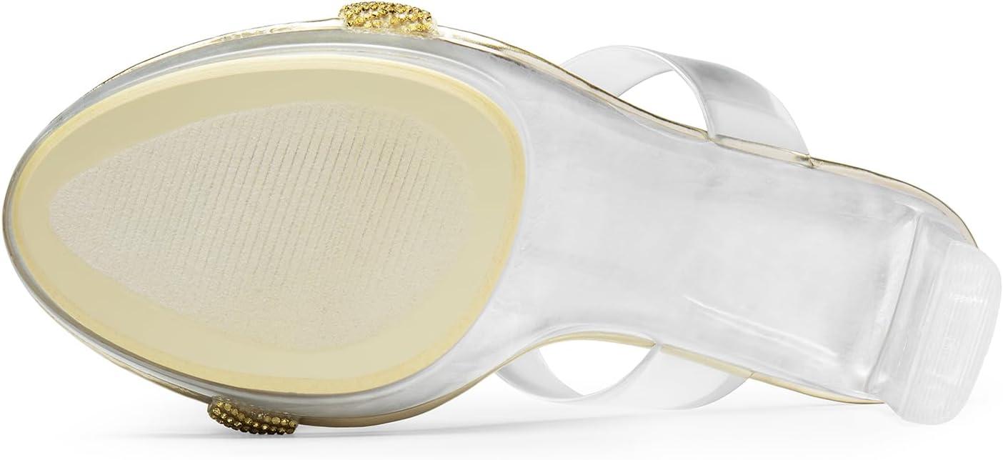 imageDREAM PAIRS Womens Clear Two Strap Open Toe High Block Chunky Slip on Dress Heel SandalsGoldrhinestone