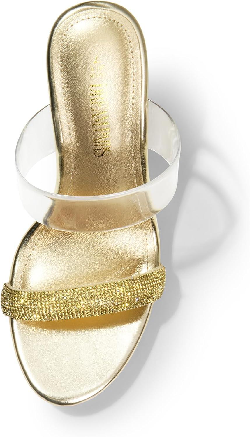 imageDREAM PAIRS Womens Clear Two Strap Open Toe High Block Chunky Slip on Dress Heel SandalsGoldrhinestone