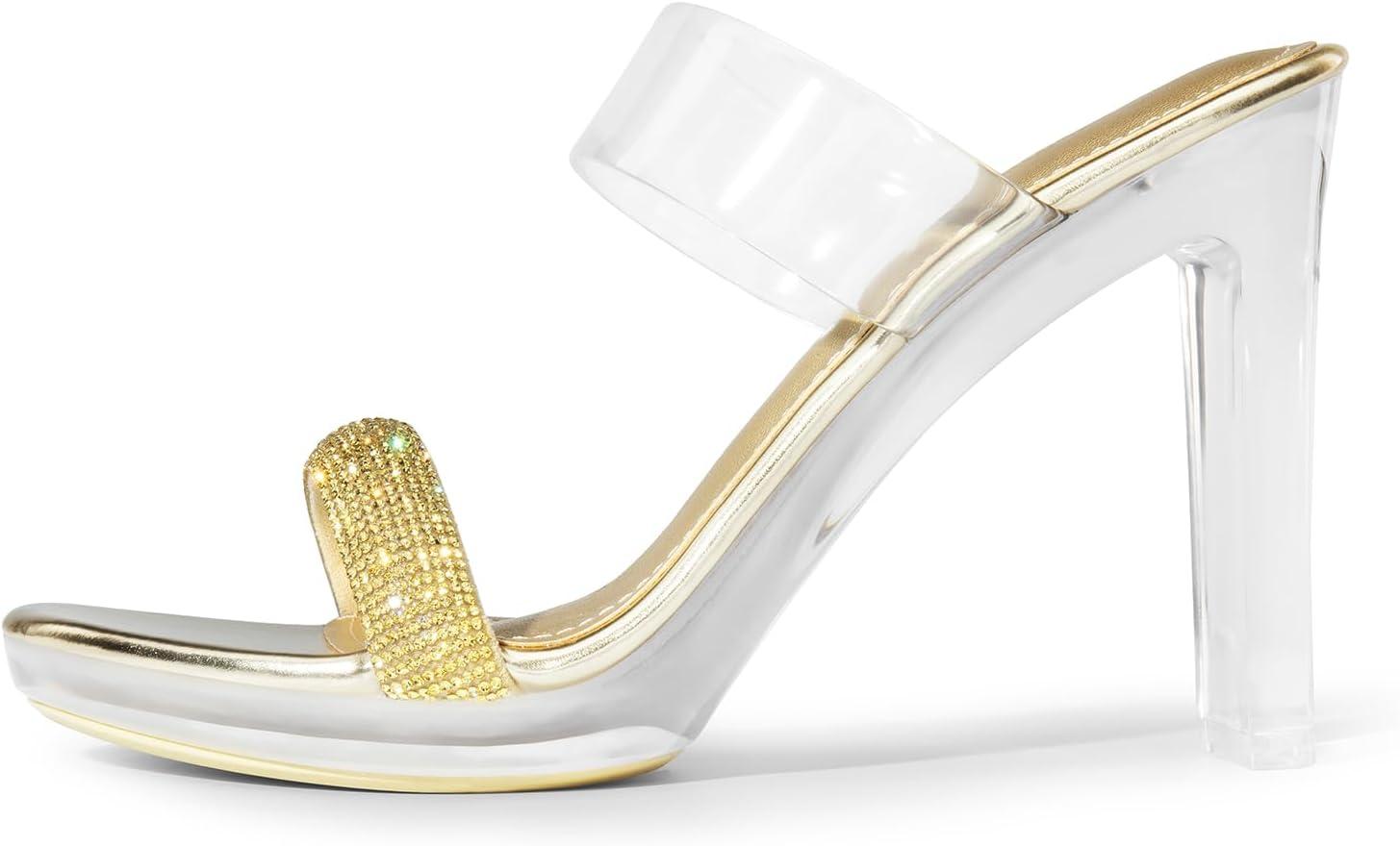 imageDREAM PAIRS Womens Clear Two Strap Open Toe High Block Chunky Slip on Dress Heel SandalsGoldrhinestone