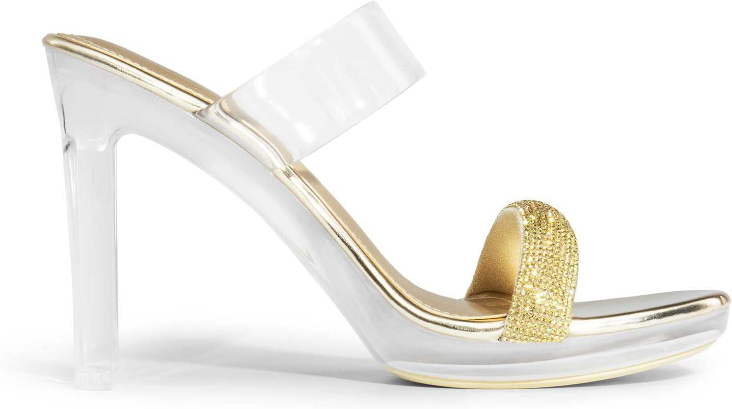 imageDREAM PAIRS Womens Clear Two Strap Open Toe High Block Chunky Slip on Dress Heel SandalsGoldrhinestone